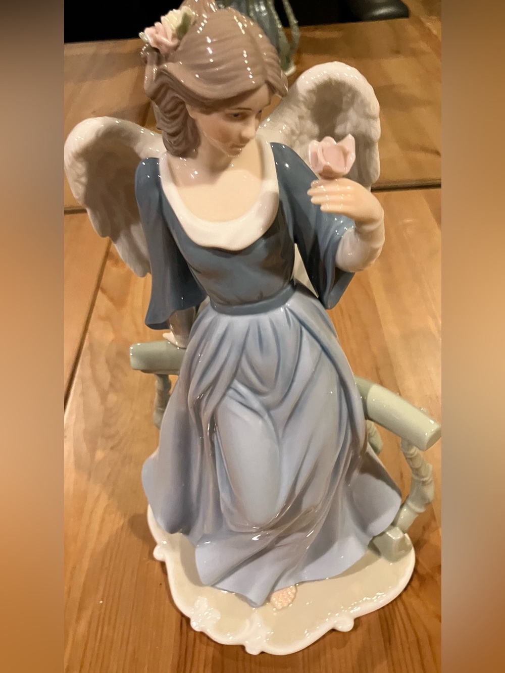 EUC O’Well Porcelain Angel Leaning on Fence 12.5” Tall Blue Holding Pink Rose